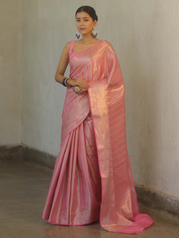 Banarasee Handwoven Tissue Saree With Silver Zari Stripes Design & Broder-Pink