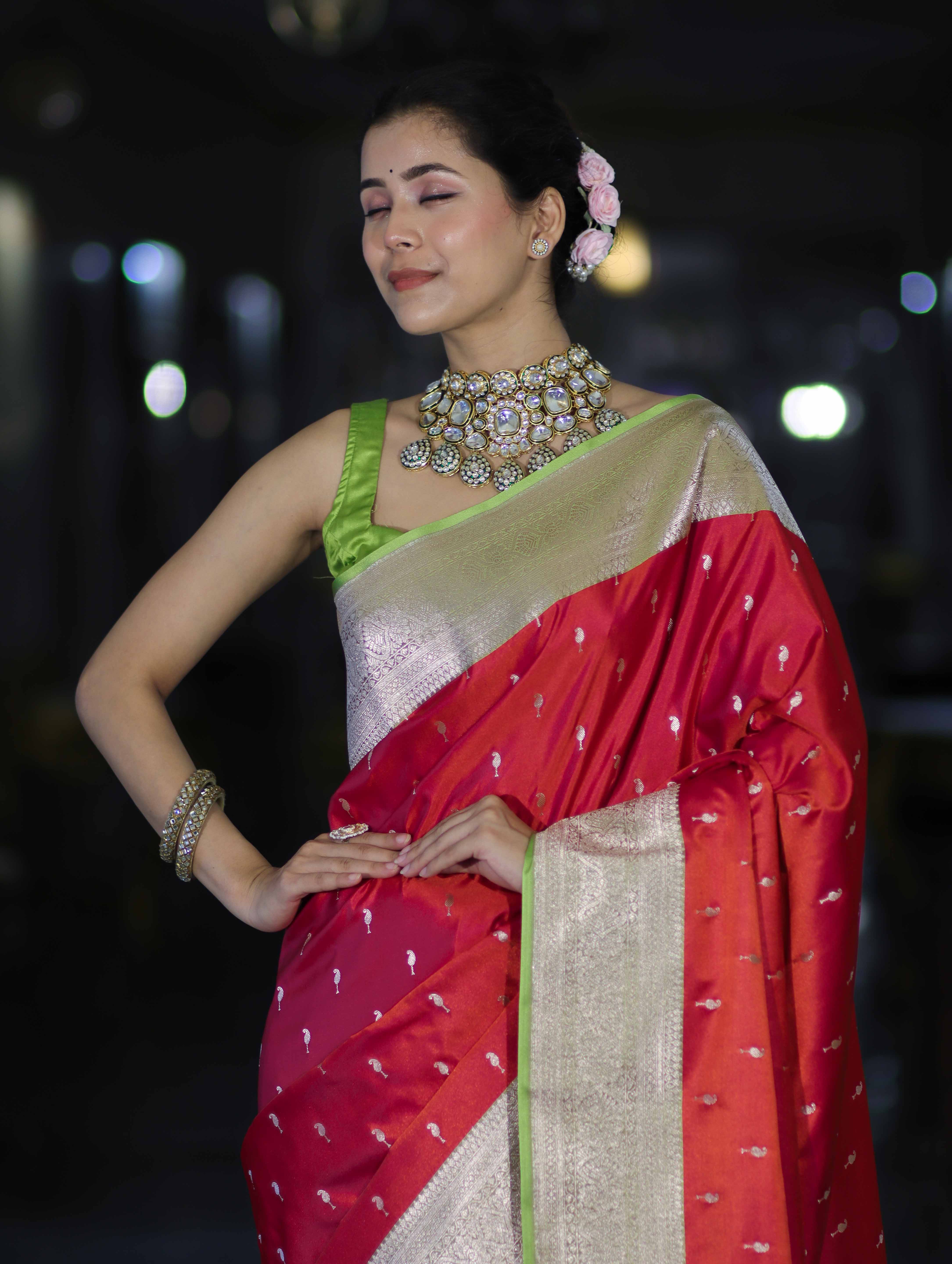 Banarasee Handloom Semi Katan Saree With Zari Buti Design & Contrast Border-Red & Green