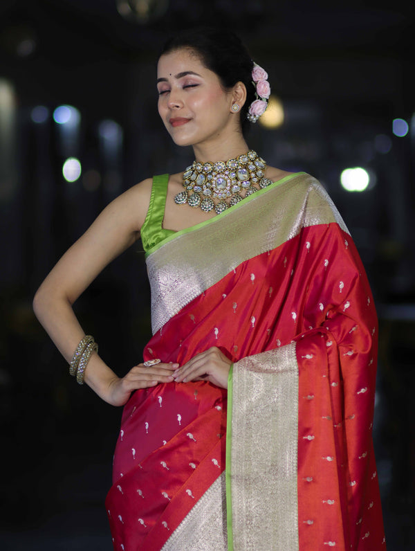 Banarasee Handloom Semi Katan Saree With Zari Buti Design & Contrast Border-Red & Green