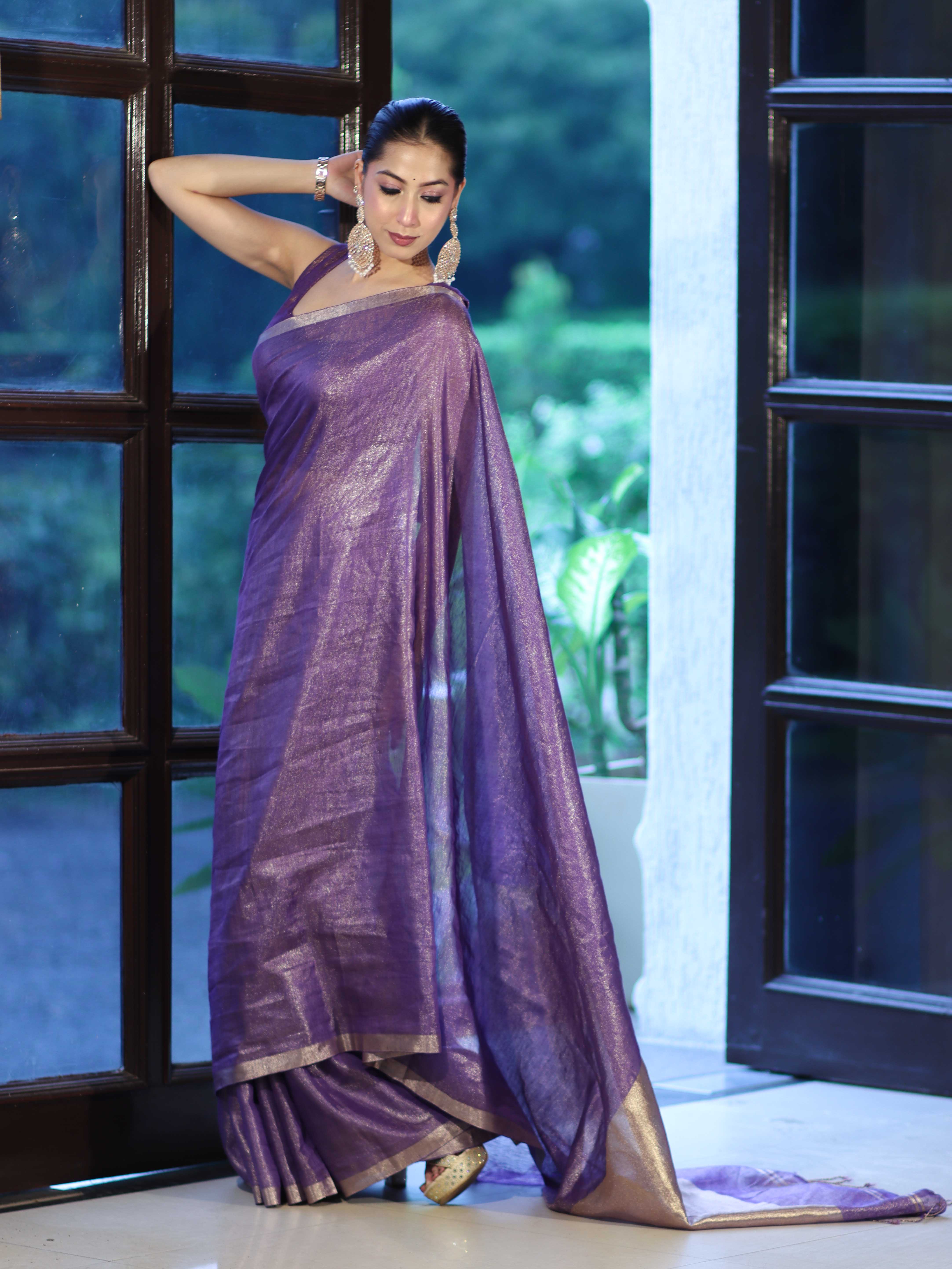 Bhagalpur Handloom Linen Tissue Metallic Shine Saree-Violet