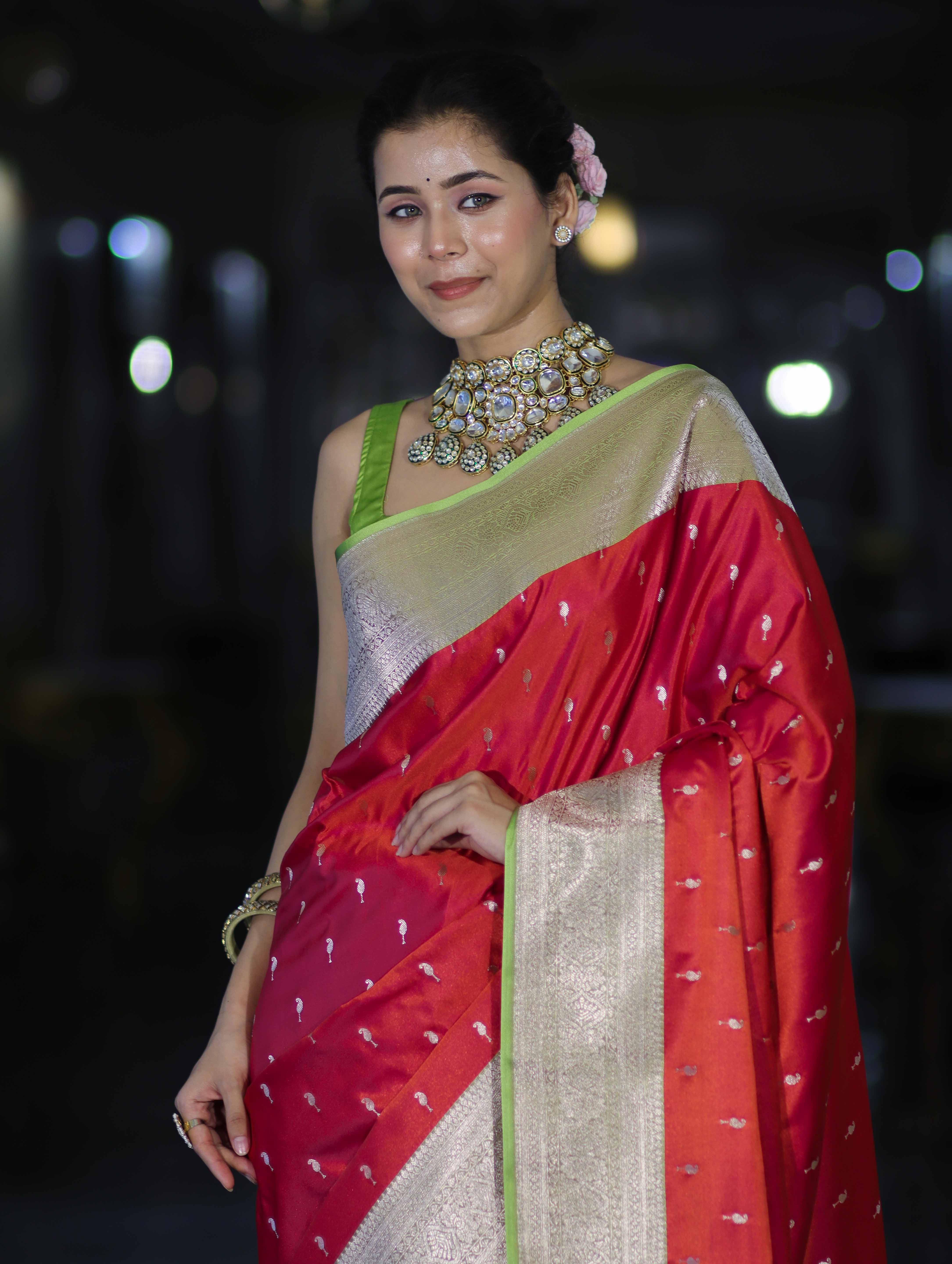 Banarasee Handloom Semi Katan Saree With Zari Buti Design & Contrast Border-Red & Green