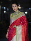 Banarasee Handloom Semi Katan Saree With Zari Buti Design & Contrast Border-Red & Green