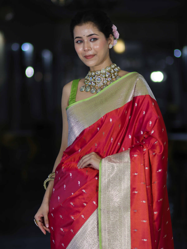 Banarasee Handloom Semi Katan Saree With Zari Buti Design & Contrast Border-Red & Green