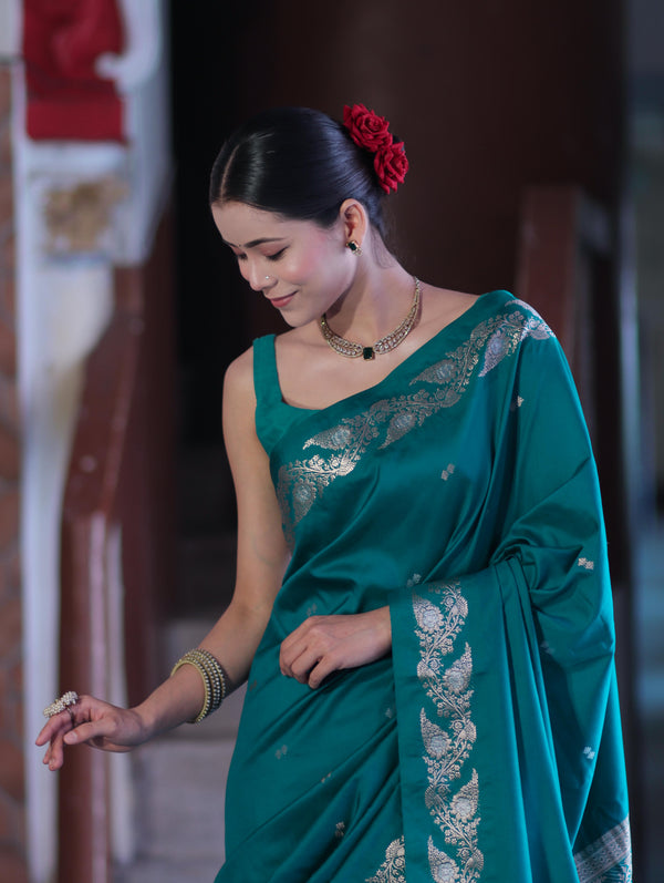 Banarasee Handloom Semi Silk Saree With Sona Rupa Zari Buti Design & Floral Border-Teal Green