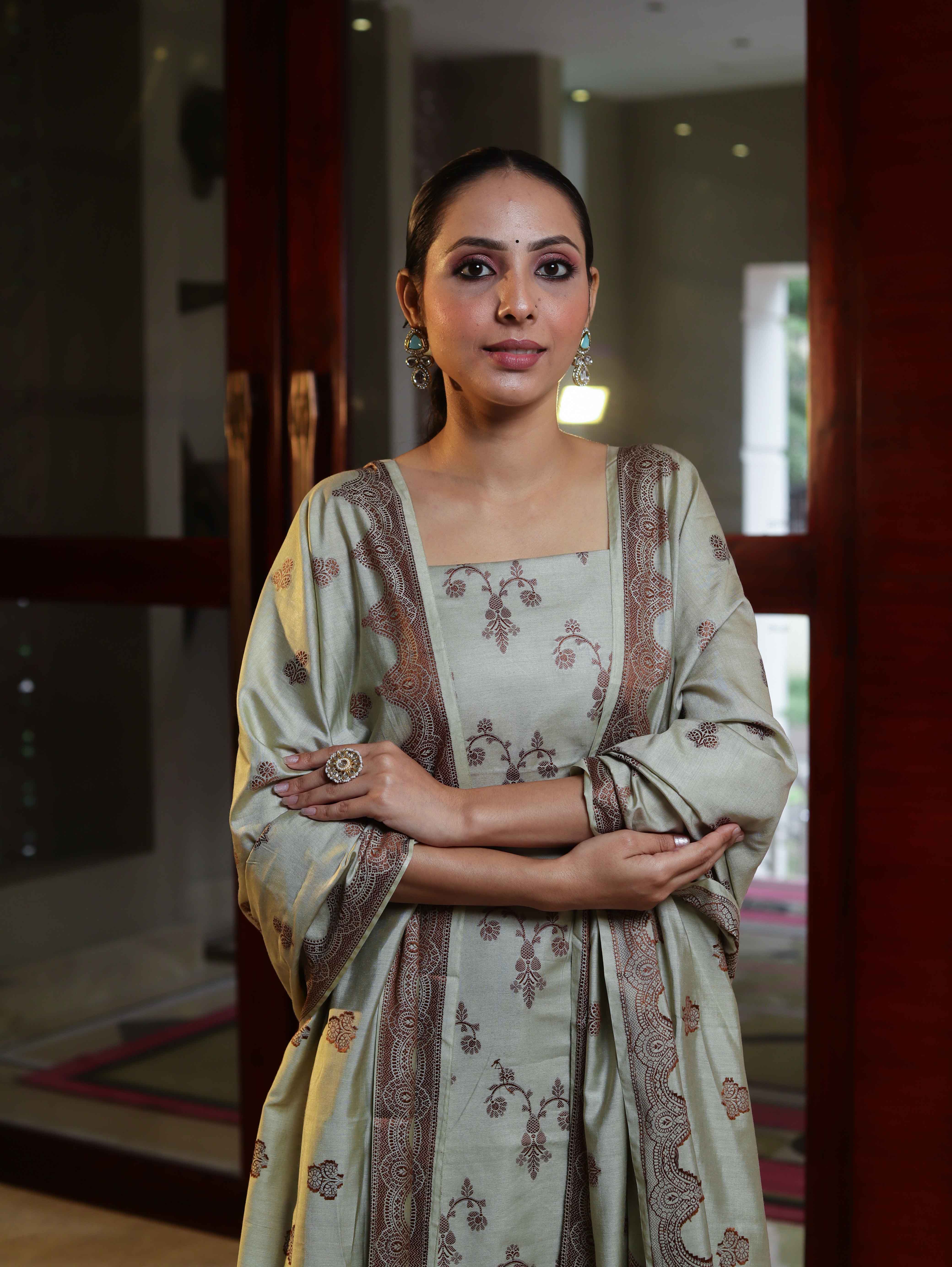 Banarasee Handloom Pure Cotton Silk Salwar Kameez Fabric With Dupatta-Dusty Green