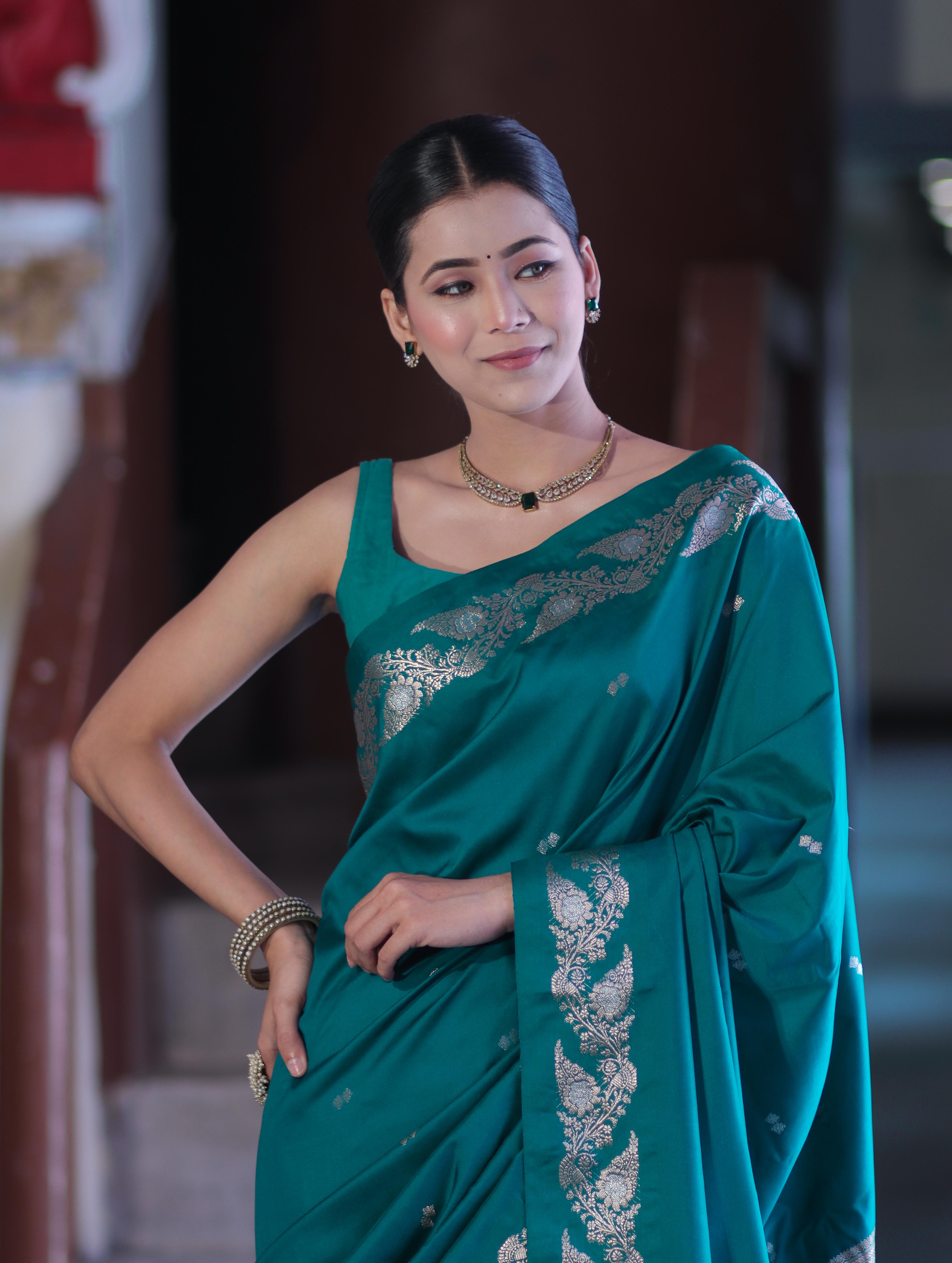 Banarasee Handloom Semi Silk Saree With Sona Rupa Zari Buti Design & Floral Border-Teal Green