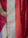 Banarasee Handloom Semi Katan Saree With Zari Buti Design & Contrast Border-Red & Green