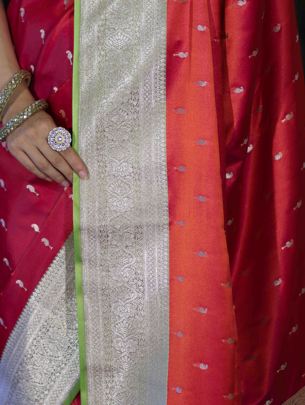 Banarasee Handloom Semi Katan Saree With Zari Buti Design & Contrast Border-Red & Green