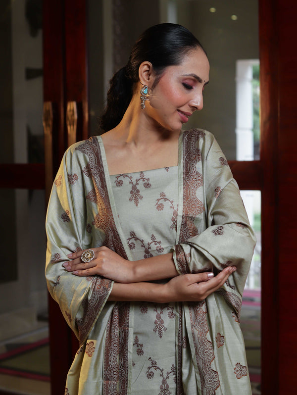 Banarasee Handloom Pure Cotton Silk Salwar Kameez Fabric With Dupatta-Dusty Green