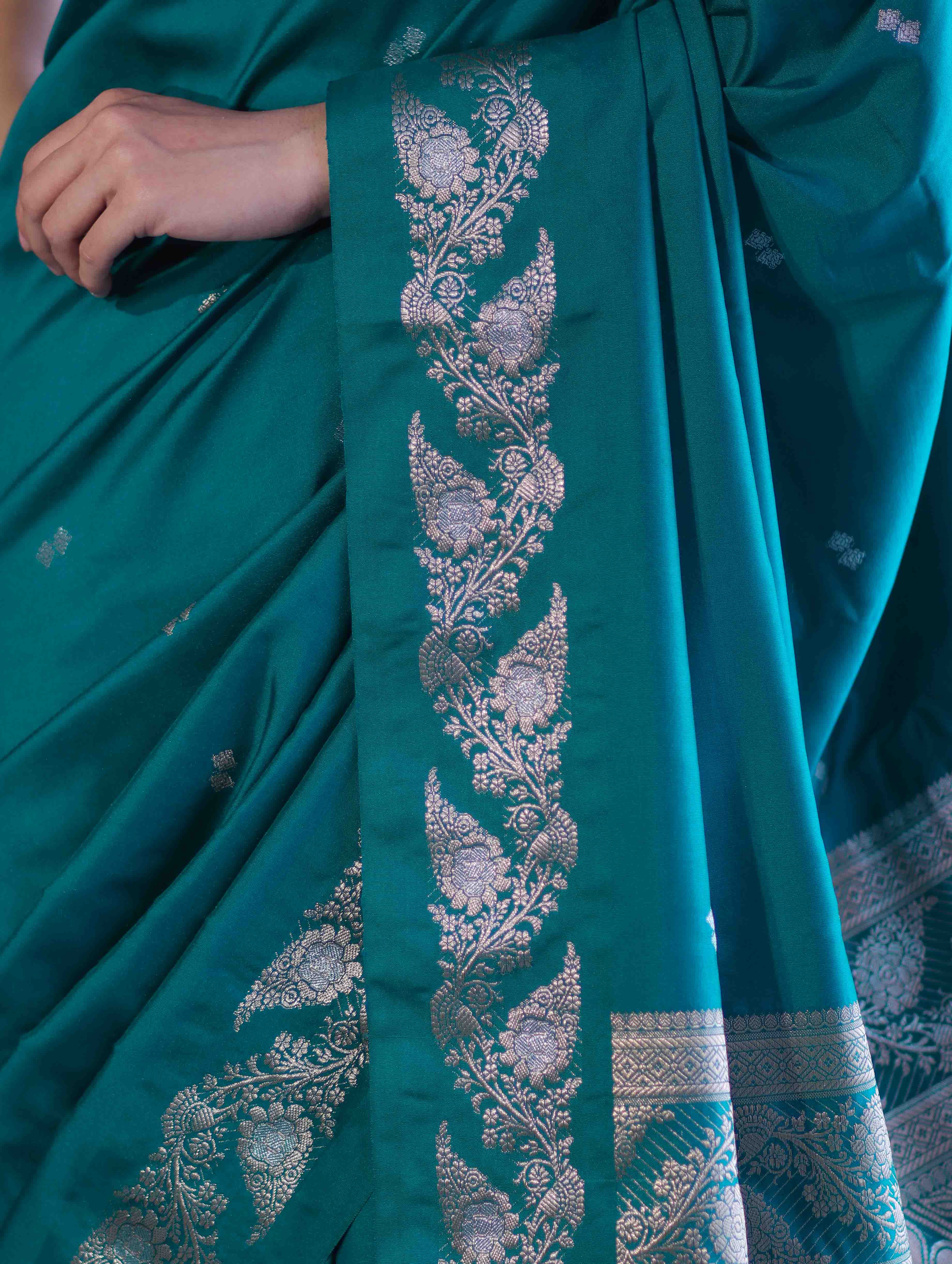 Banarasee Handloom Semi Silk Saree With Sona Rupa Zari Buti Design & Floral Border-Teal Green