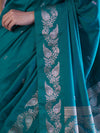 Banarasee Handloom Semi Silk Saree With Sona Rupa Zari Buti Design & Floral Border-Teal Green