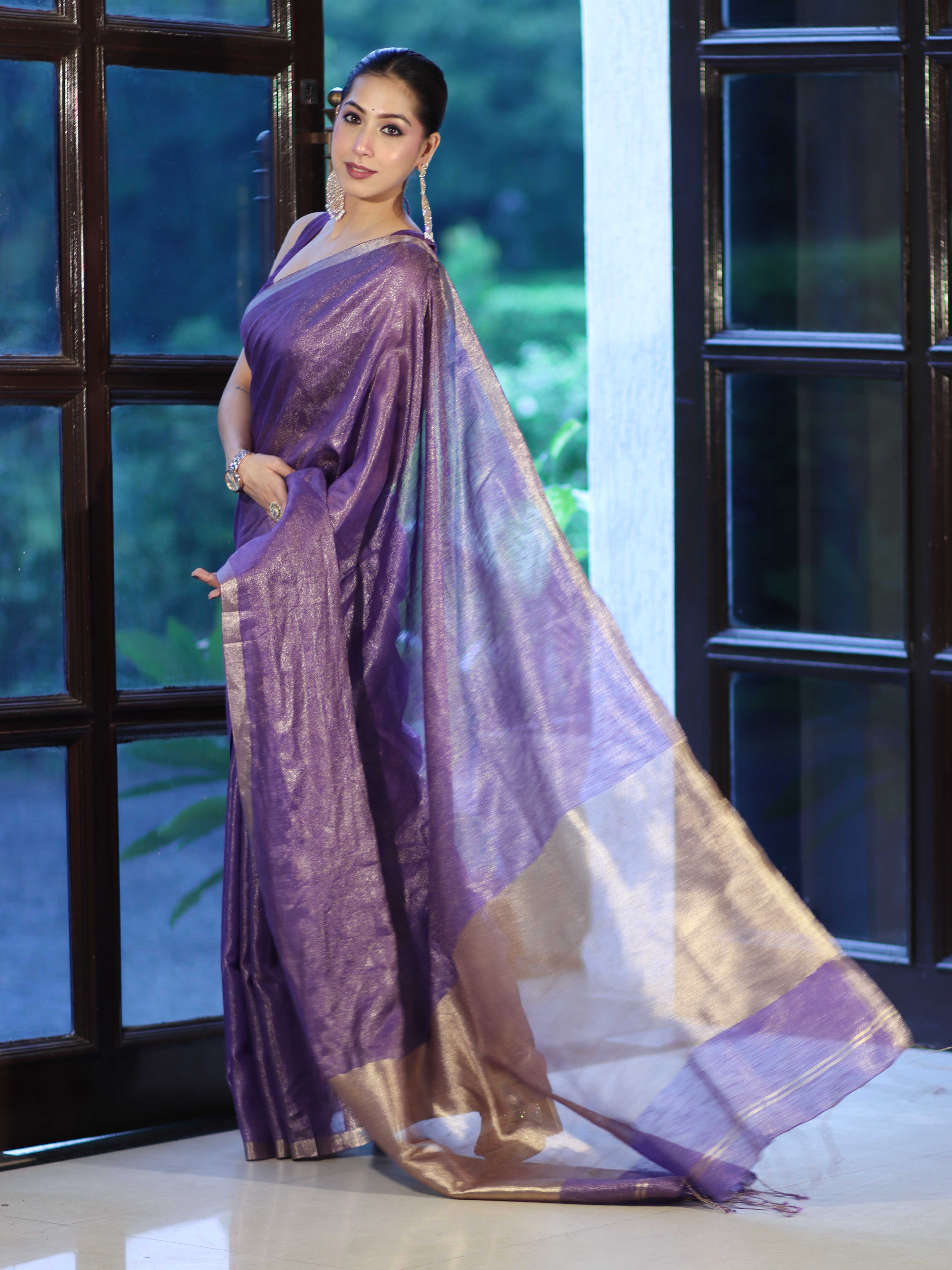 Bhagalpur Handloom Linen Tissue Metallic Shine Saree-Violet