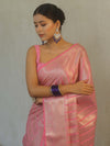 Banarasee Handwoven Tissue Saree With Silver Zari Stripes Design & Broder-Pink