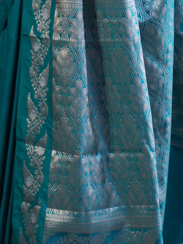 Banarasee Handloom Semi Silk Saree With Sona Rupa Zari Buti Design & Floral Border-Teal Green