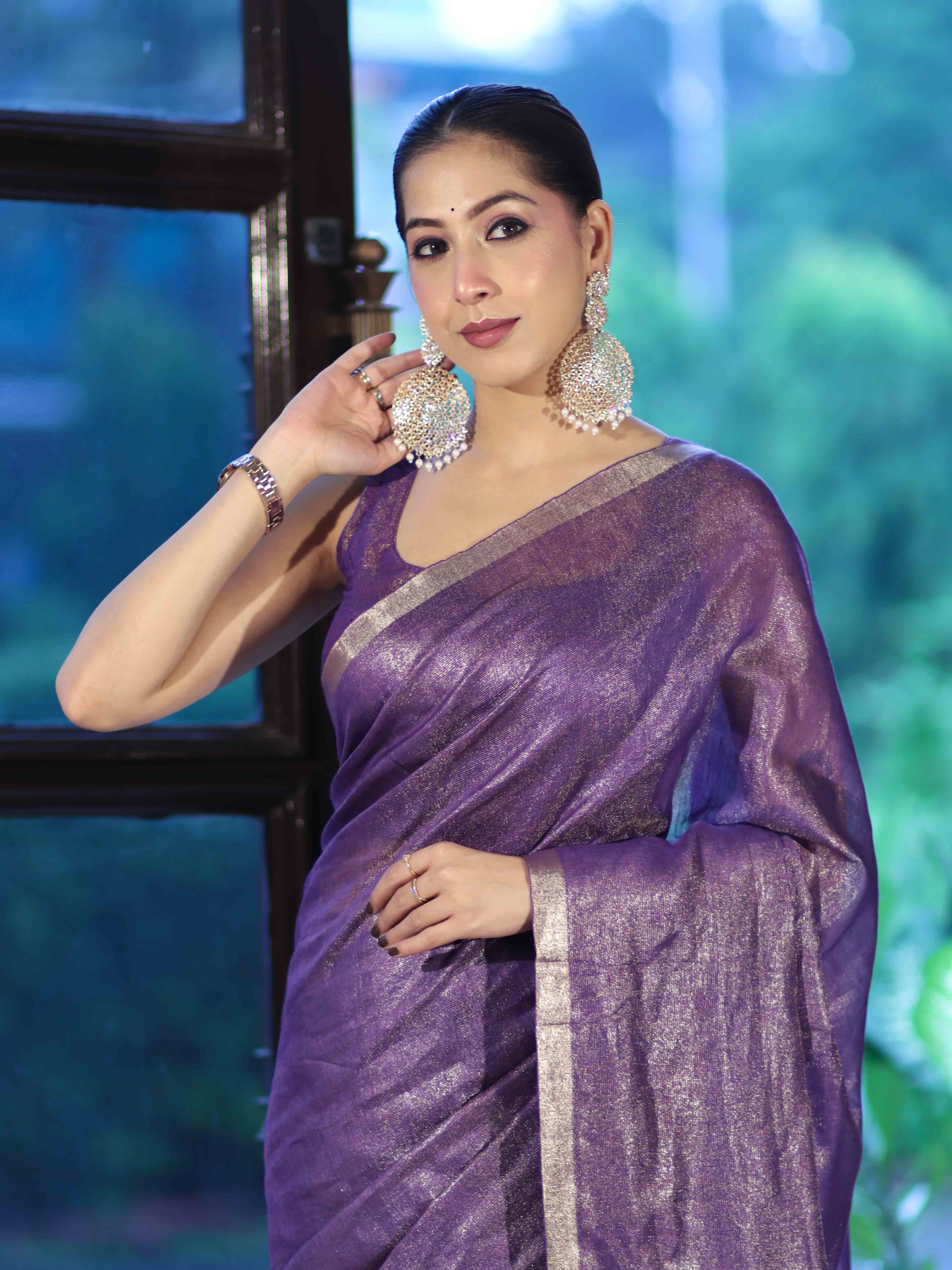 Bhagalpur Handloom Linen Tissue Metallic Shine Saree-Violet