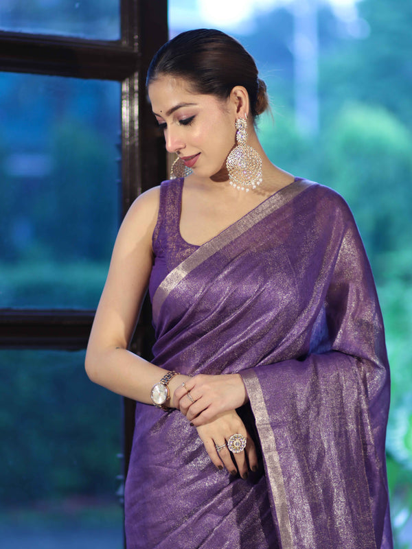 Bhagalpur Handloom Linen Tissue Metallic Shine Saree-Violet