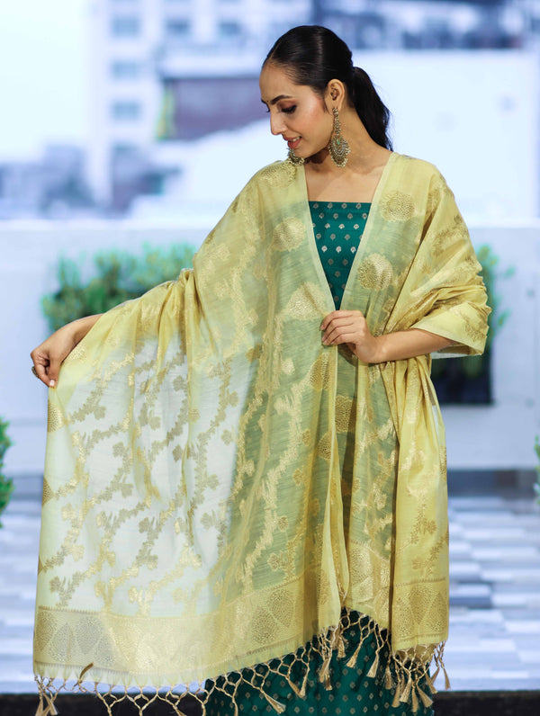 Banarasee Cotton Silk Zari Buti Salwar Kameez Fabric With Contrast Dupatta Set-Teal Green & Light Yellow