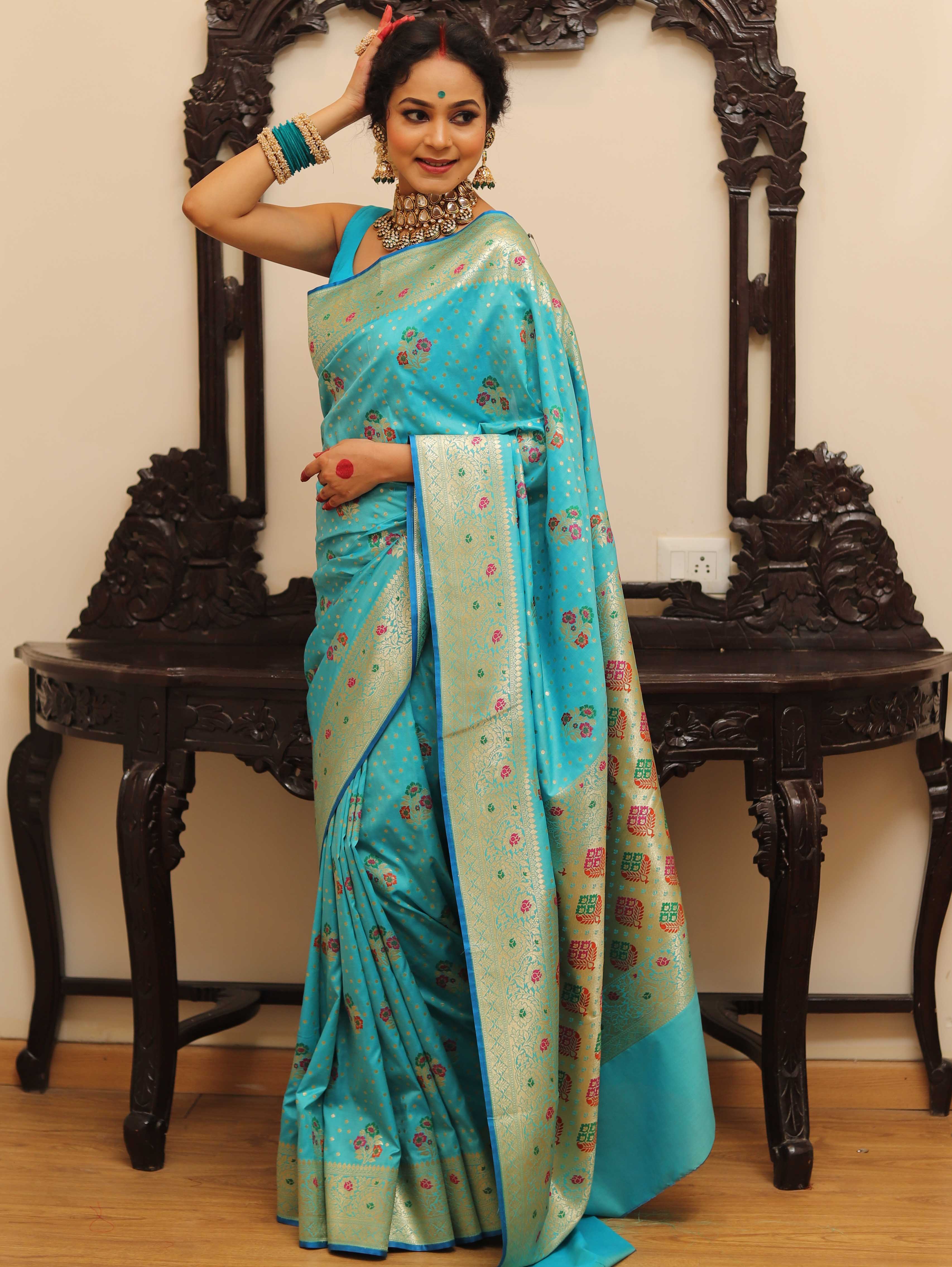 Banarasee Handwoven Semi-Katan Zari & Resham Weaving Floral Border Saree-Light Blue