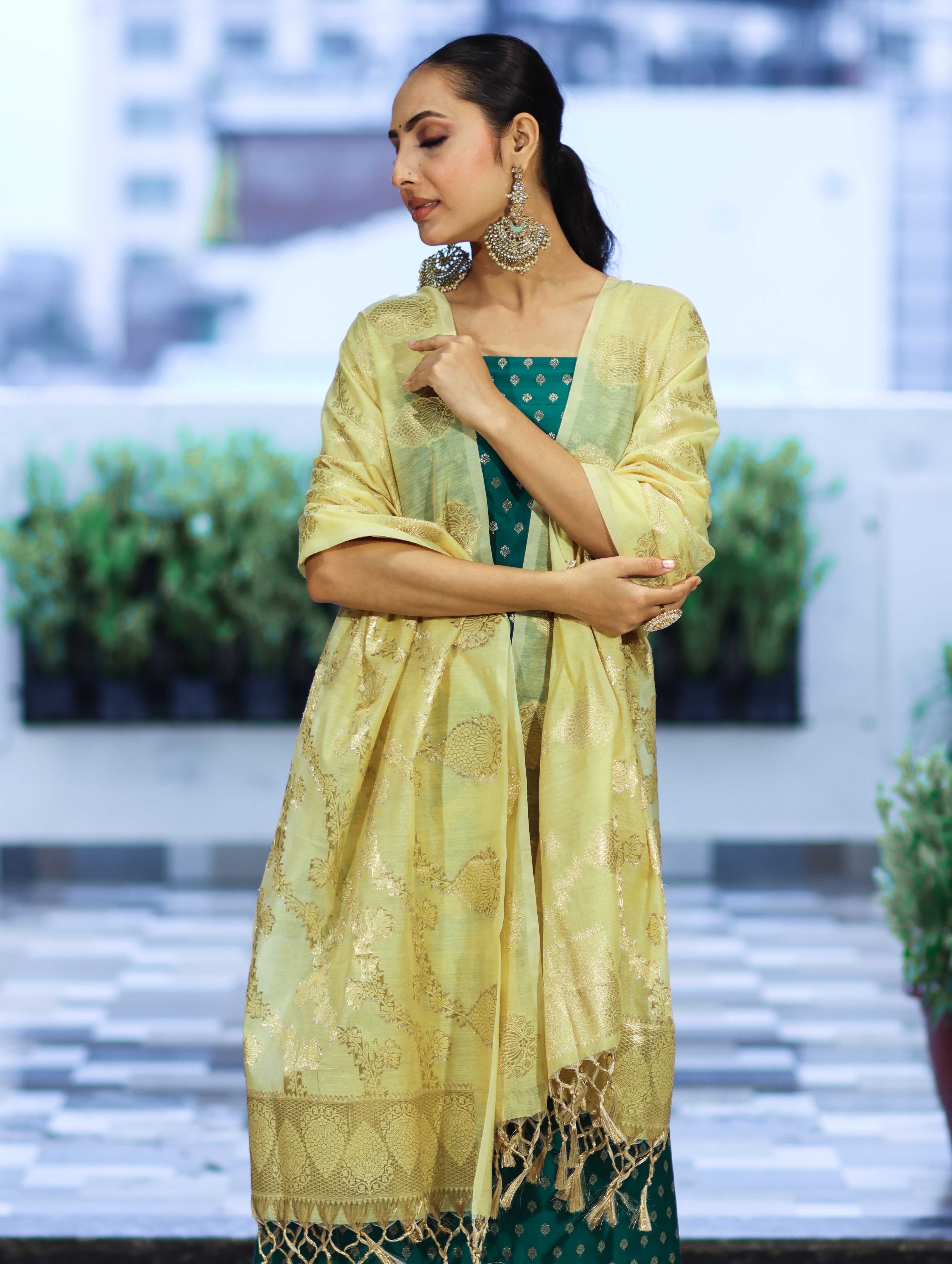 Banarasee Cotton Silk Zari Buti Salwar Kameez Fabric With Contrast Dupatta Set-Teal Green & Light Yellow