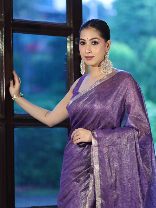 Bhagalpur Handloom Linen Tissue Metallic Shine Saree-Violet