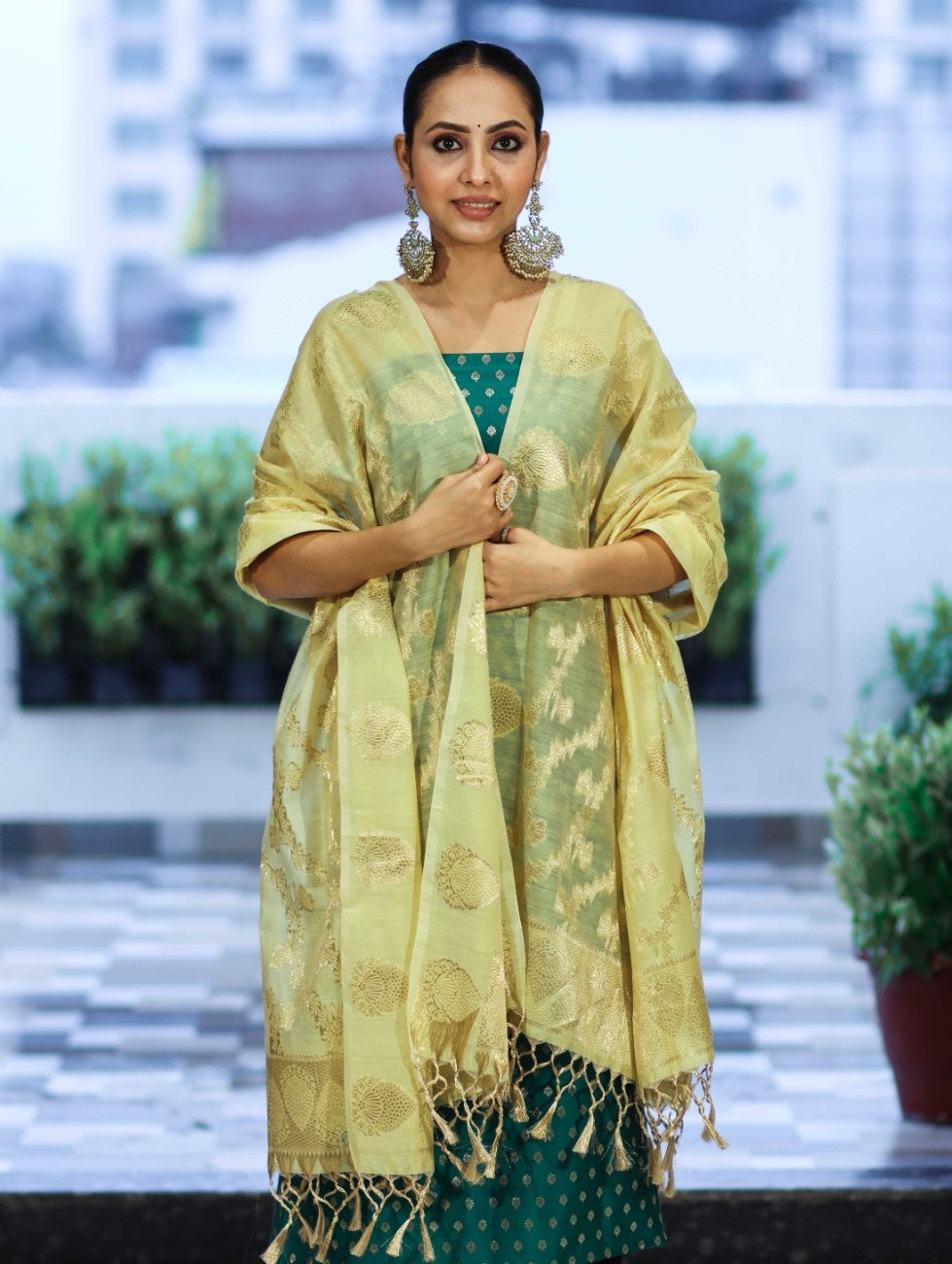 Banarasee Cotton Silk Zari Buti Salwar Kameez Fabric With Contrast Dupatta Set-Teal Green & Light Yellow