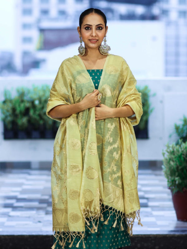 Banarasee Cotton Silk Zari Buti Salwar Kameez Fabric With Contrast Dupatta Set-Teal Green & Light Yellow
