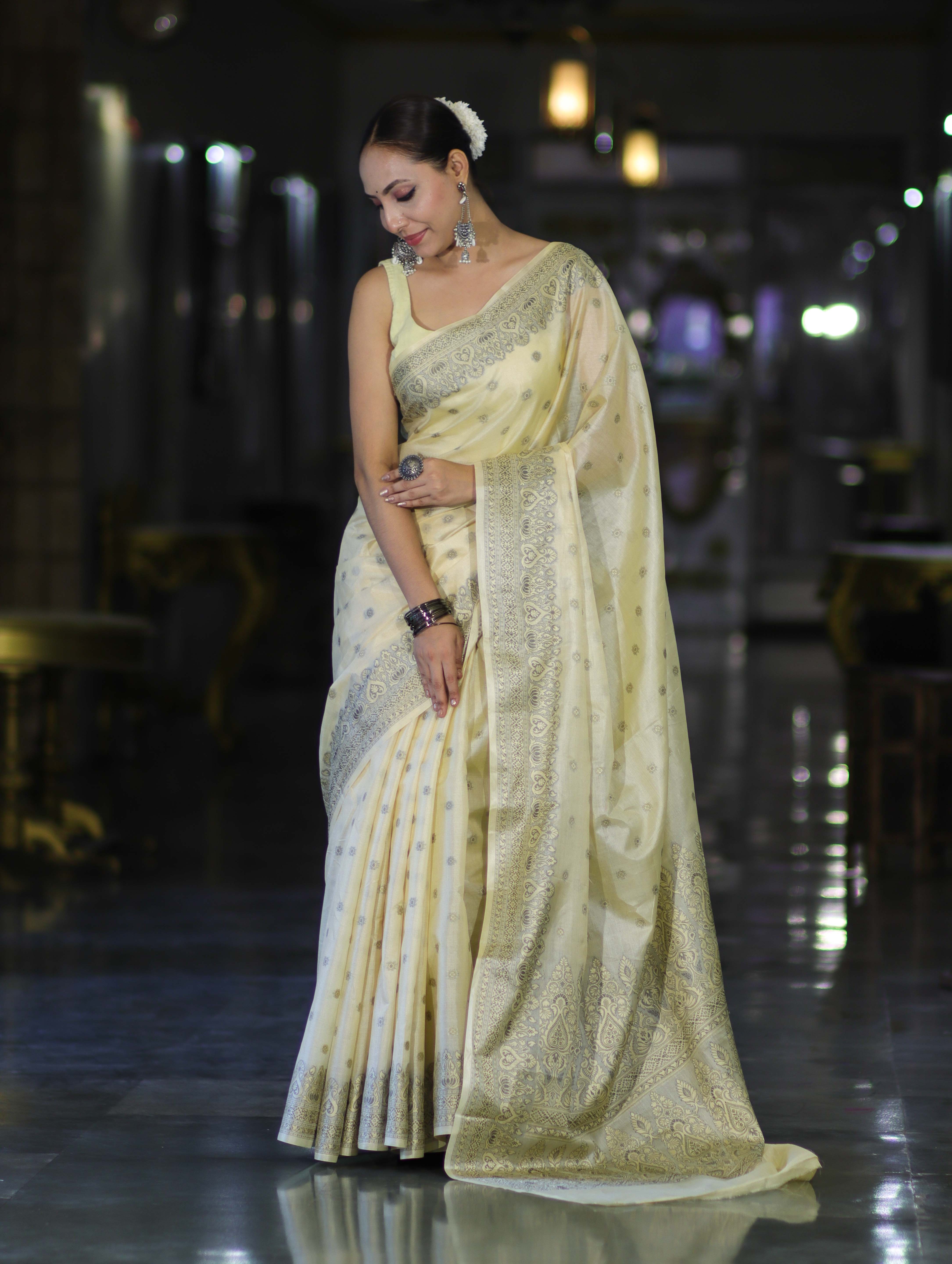Banarasee Handwoven Pure Tussar Saree With Woven Resham Design-Light Yellow