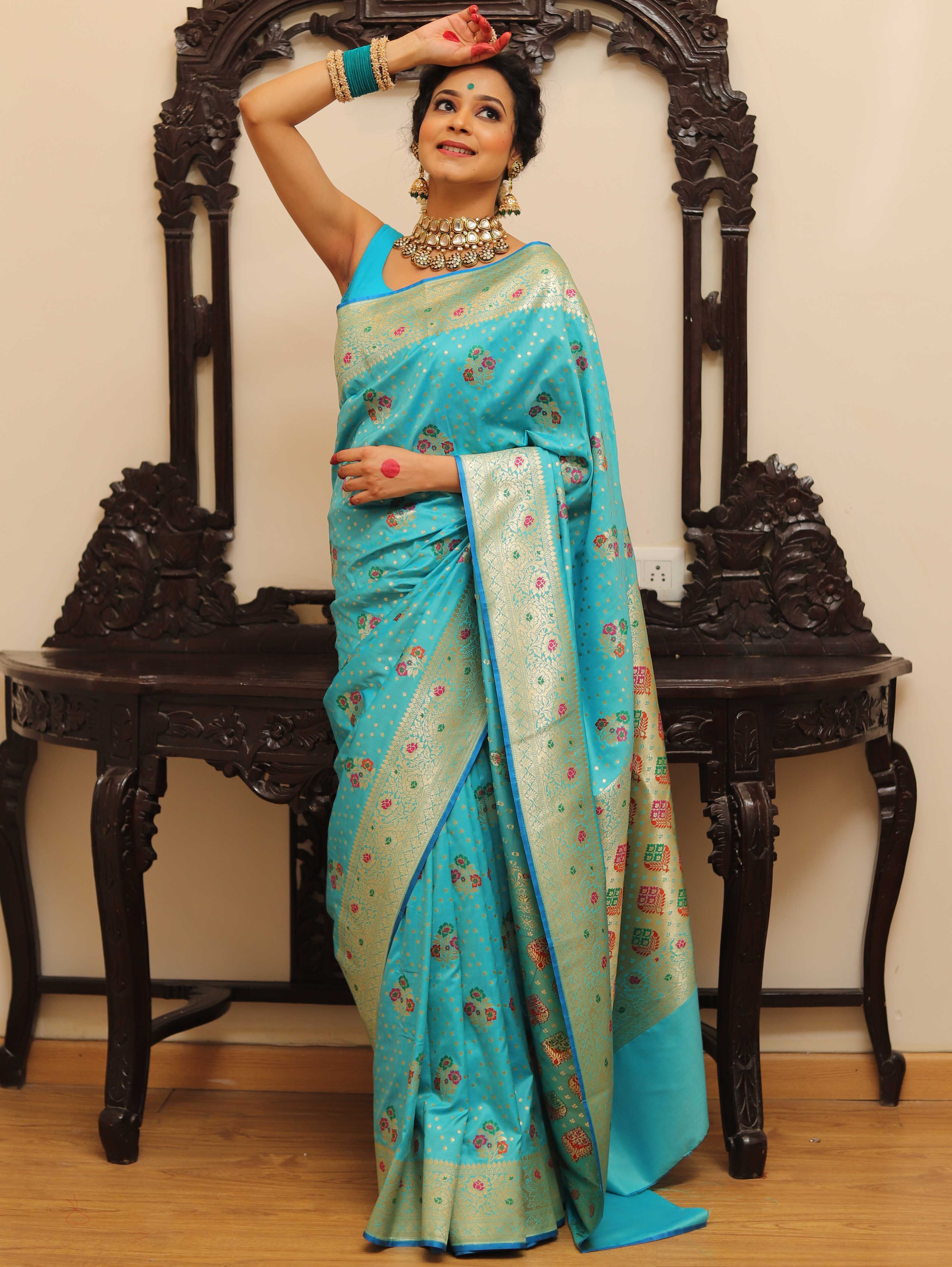 Banarasee Handwoven Semi-Katan Zari & Resham Weaving Floral Border Saree-Light Blue