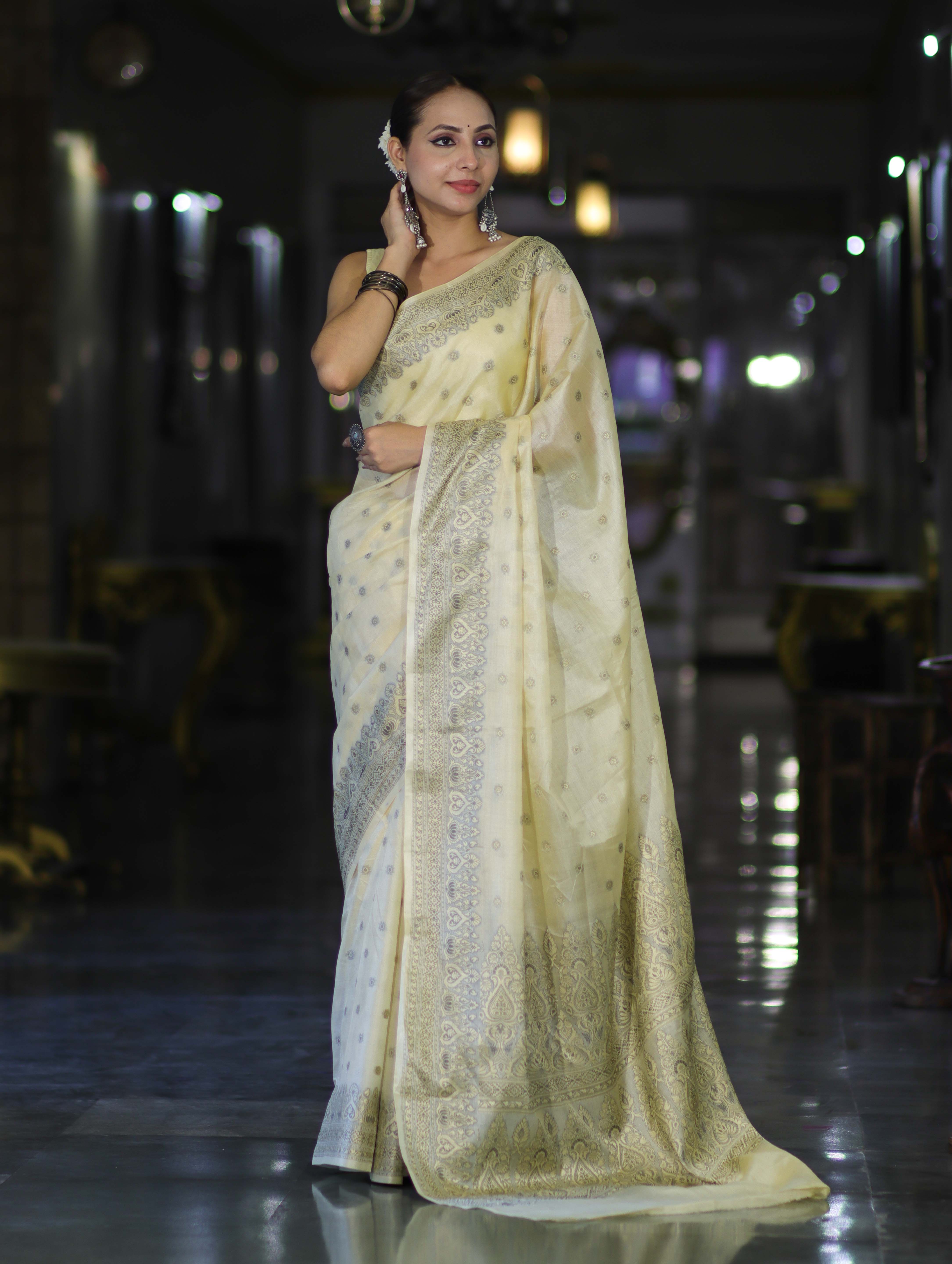 Banarasee Handwoven Pure Tussar Saree With Woven Resham Design-Light Yellow