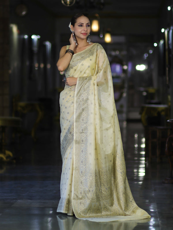 Banarasee Handwoven Pure Tussar Saree With Woven Resham Design-Light Yellow