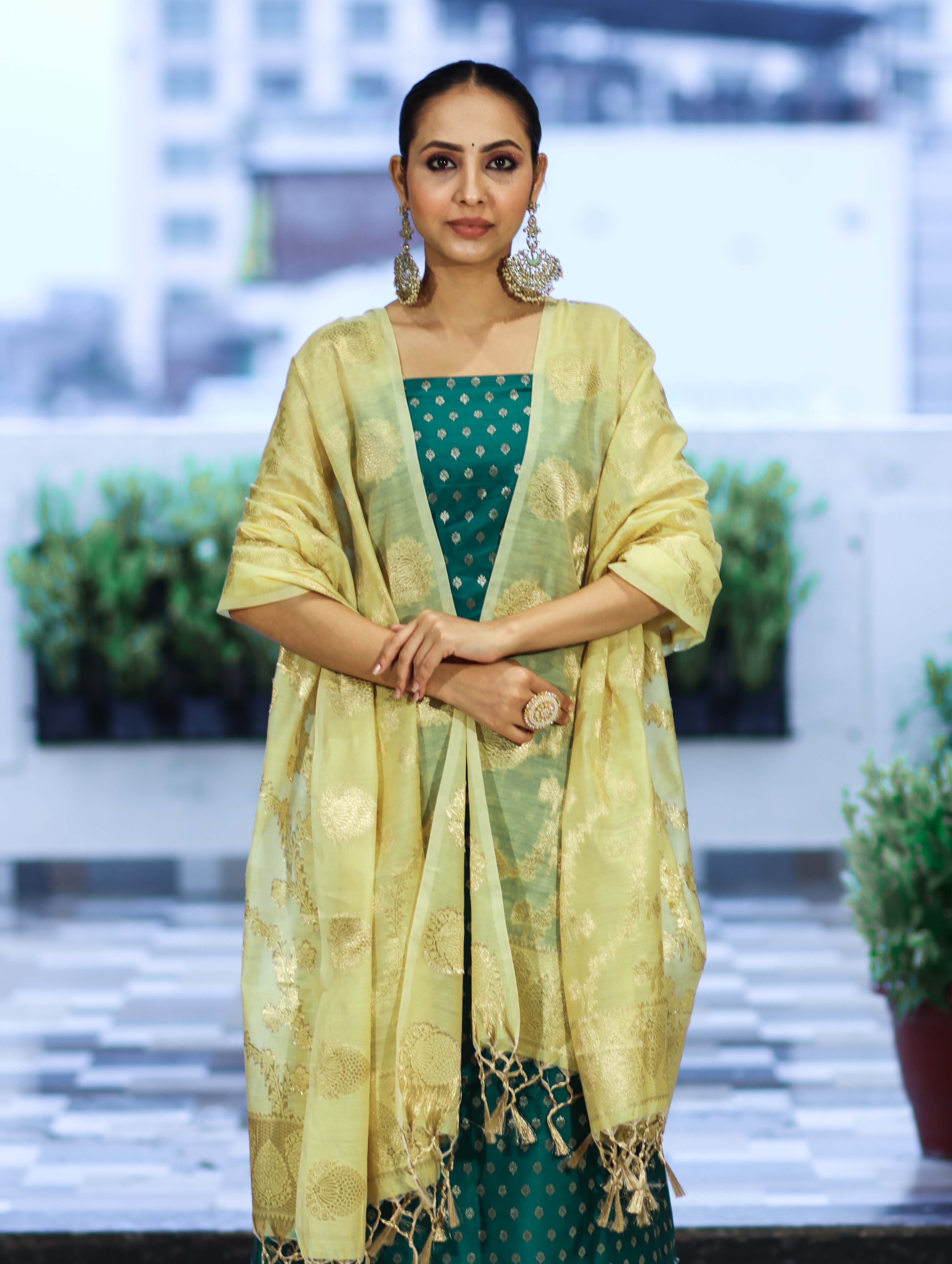 Banarasee Cotton Silk Zari Buti Salwar Kameez Fabric With Contrast Dupatta Set-Teal Green & Light Yellow