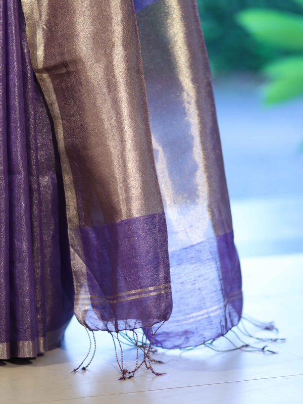 Bhagalpur Handloom Linen Tissue Metallic Shine Saree-Violet