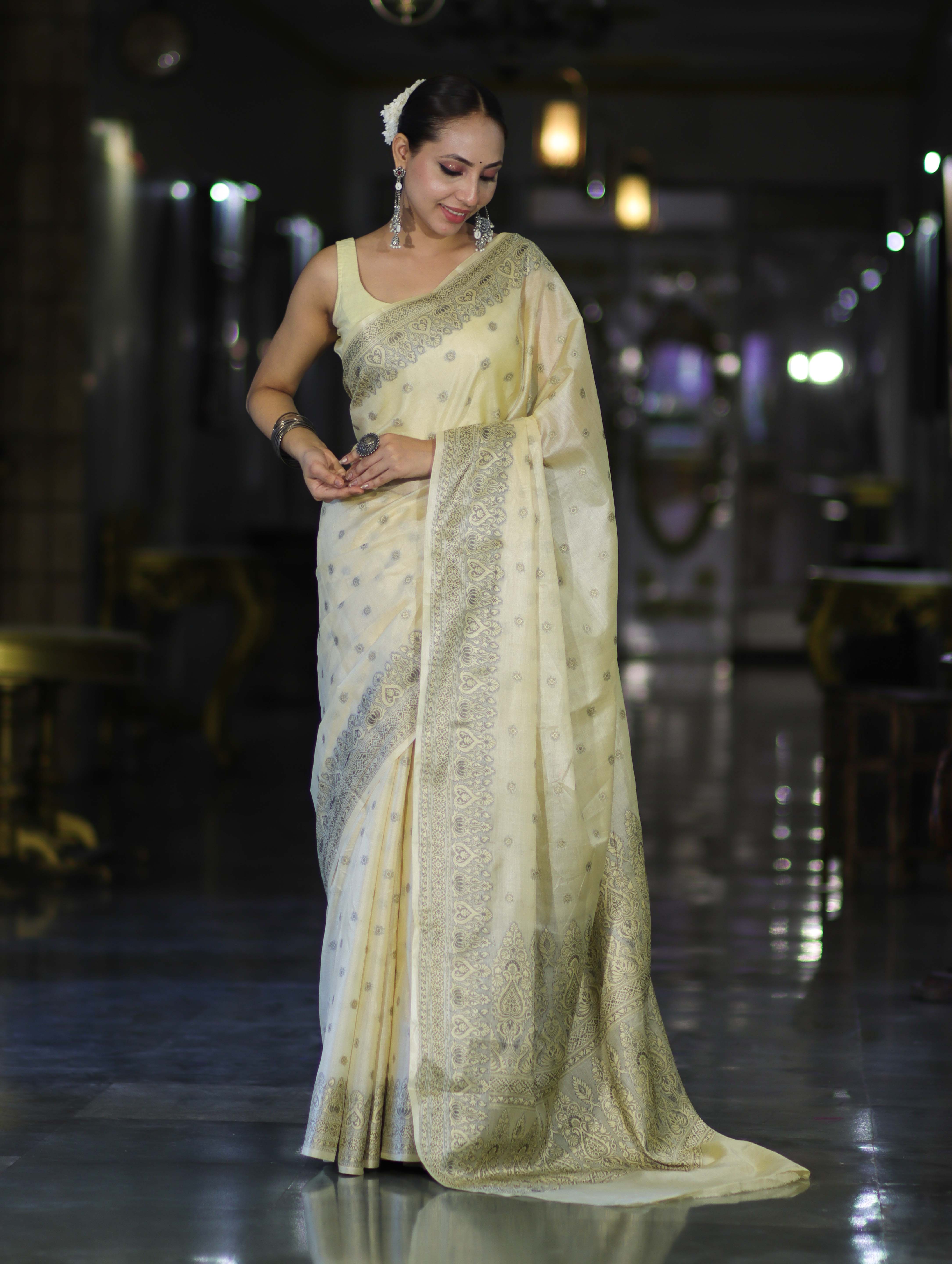 Banarasee Handwoven Pure Tussar Saree With Woven Resham Design-Light Yellow
