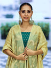 Banarasee Cotton Silk Zari Buti Salwar Kameez Fabric With Contrast Dupatta Set-Teal Green & Light Yellow