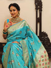 Banarasee Handwoven Semi-Katan Zari & Resham Weaving Floral Border Saree-Light Blue