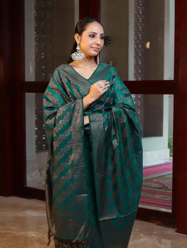 Banarasee Cotton Silk Resham Work Salwar Kameez Fabric With Dupatta Set-Bottle Green