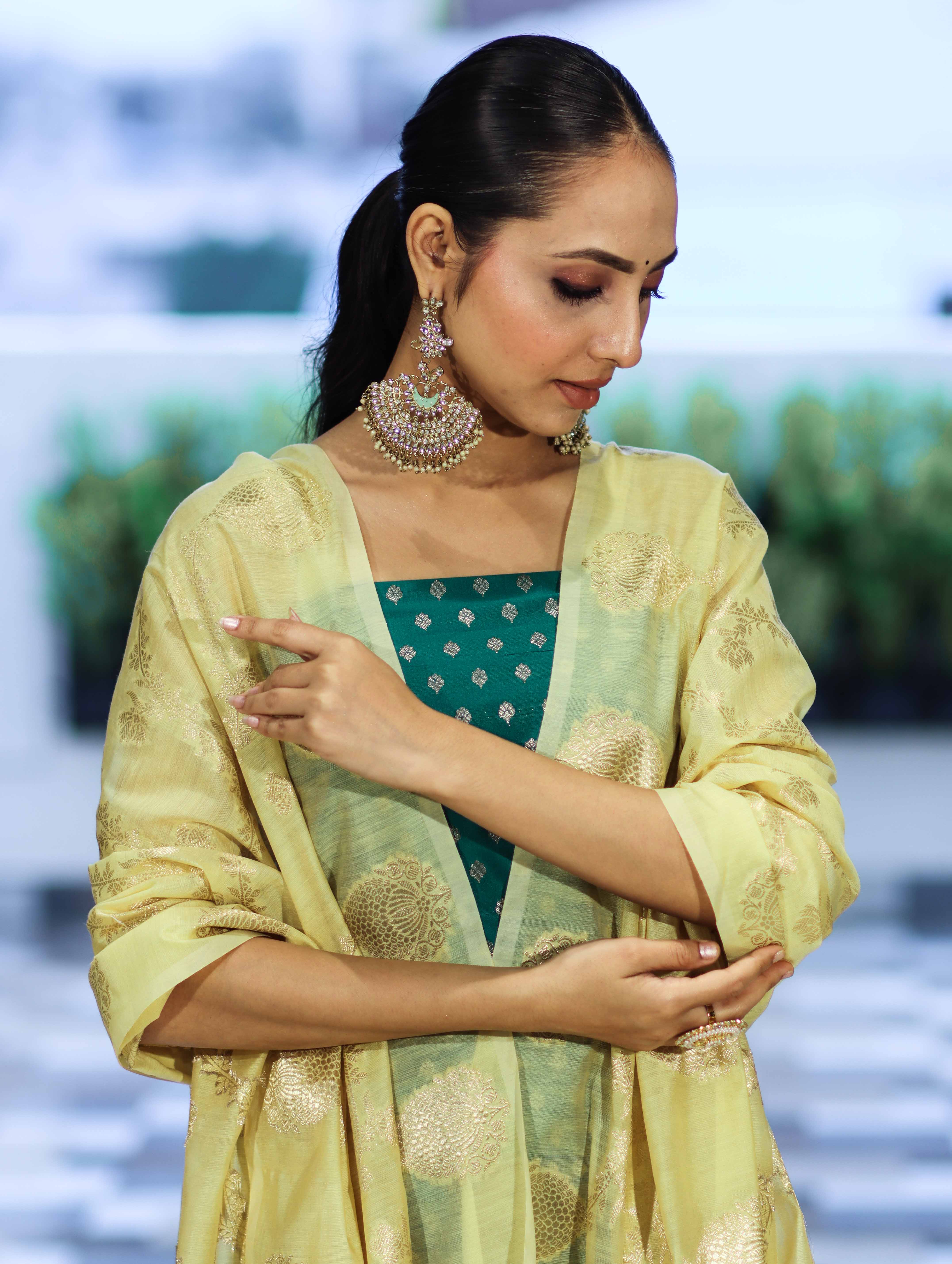 Banarasee Cotton Silk Zari Buti Salwar Kameez Fabric With Contrast Dupatta Set-Teal Green & Light Yellow