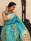 Banarasee Handwoven Semi-Katan Zari & Resham Weaving Floral Border Saree-Light Blue