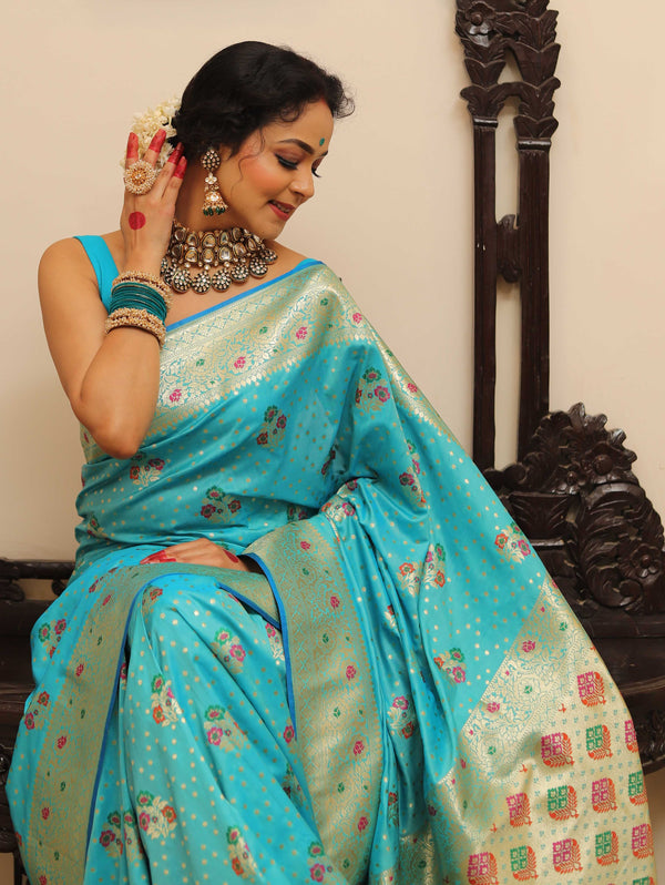 Banarasee Handwoven Semi-Katan Zari & Resham Weaving Floral Border Saree-Light Blue