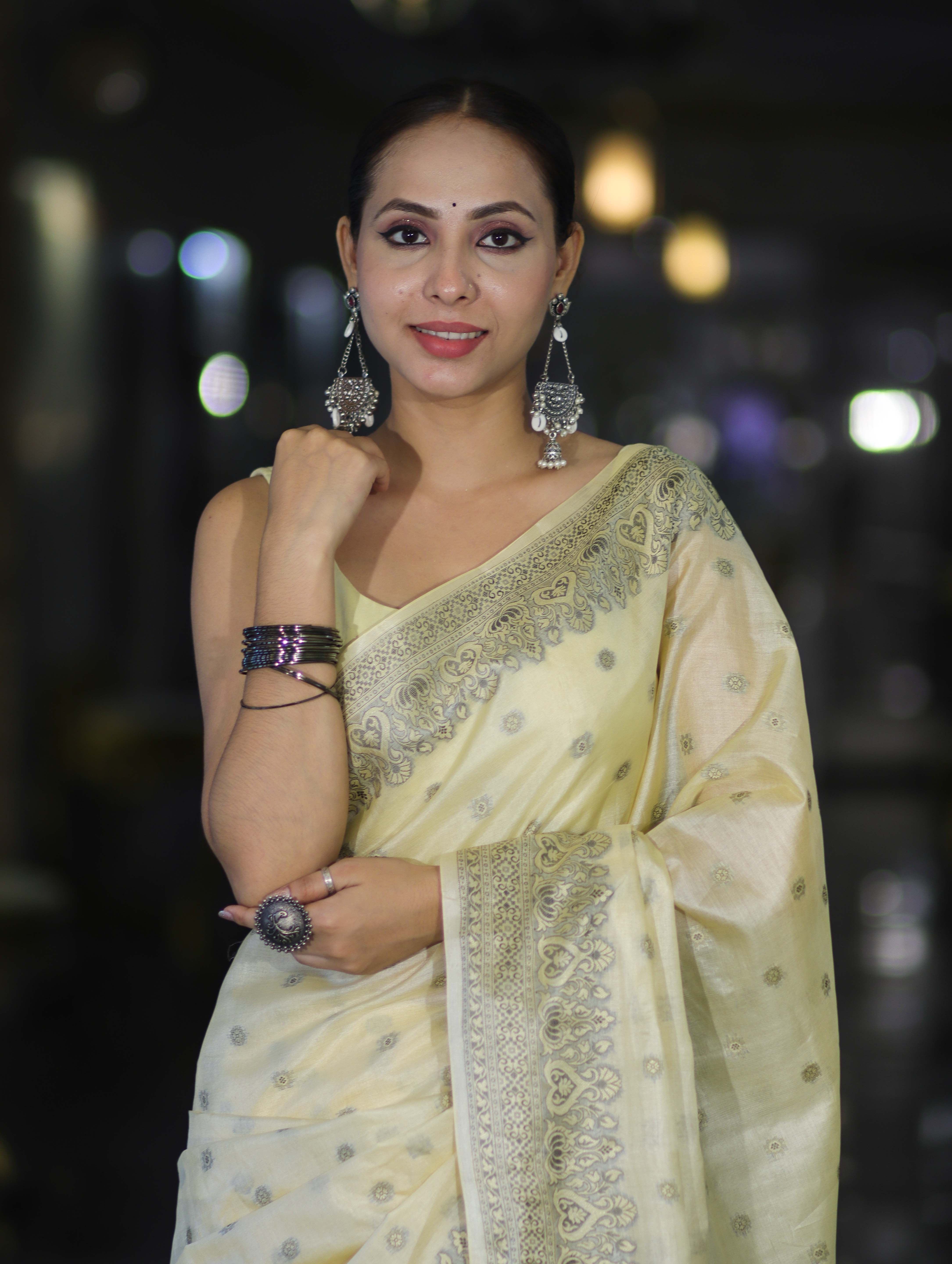 Banarasee Handwoven Pure Tussar Saree With Woven Resham Design-Light Yellow