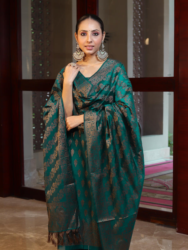 Banarasee Cotton Silk Resham Work Salwar Kameez Fabric With Dupatta Set-Bottle Green