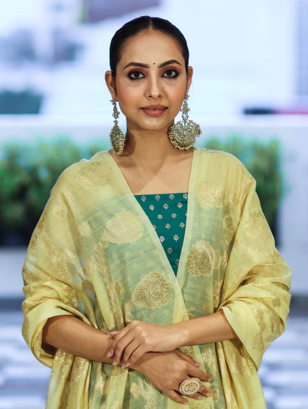 Banarasee Cotton Silk Zari Buti Salwar Kameez Fabric With Contrast Dupatta Set-Teal Green & Light Yellow