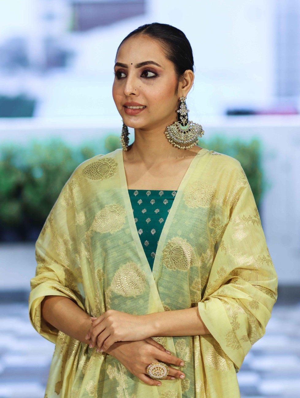 Banarasee Cotton Silk Zari Buti Salwar Kameez Fabric With Contrast Dupatta Set-Teal Green & Light Yellow