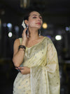Banarasee Handwoven Pure Tussar Saree With Woven Resham Design-Light Yellow