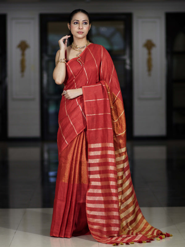 Bhagalpur Handloom Pure Linen Cotton Saree With Zari Stripes Design-Red