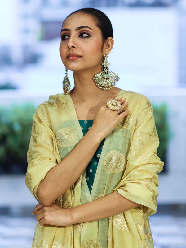 Banarasee Cotton Silk Zari Buti Salwar Kameez Fabric With Contrast Dupatta Set-Teal Green & Light Yellow