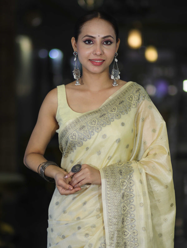Banarasee Handwoven Pure Tussar Saree With Woven Resham Design-Light Yellow