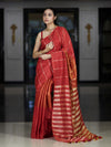 Bhagalpur Handloom Pure Linen Cotton Saree With Zari Stripes Design-Red