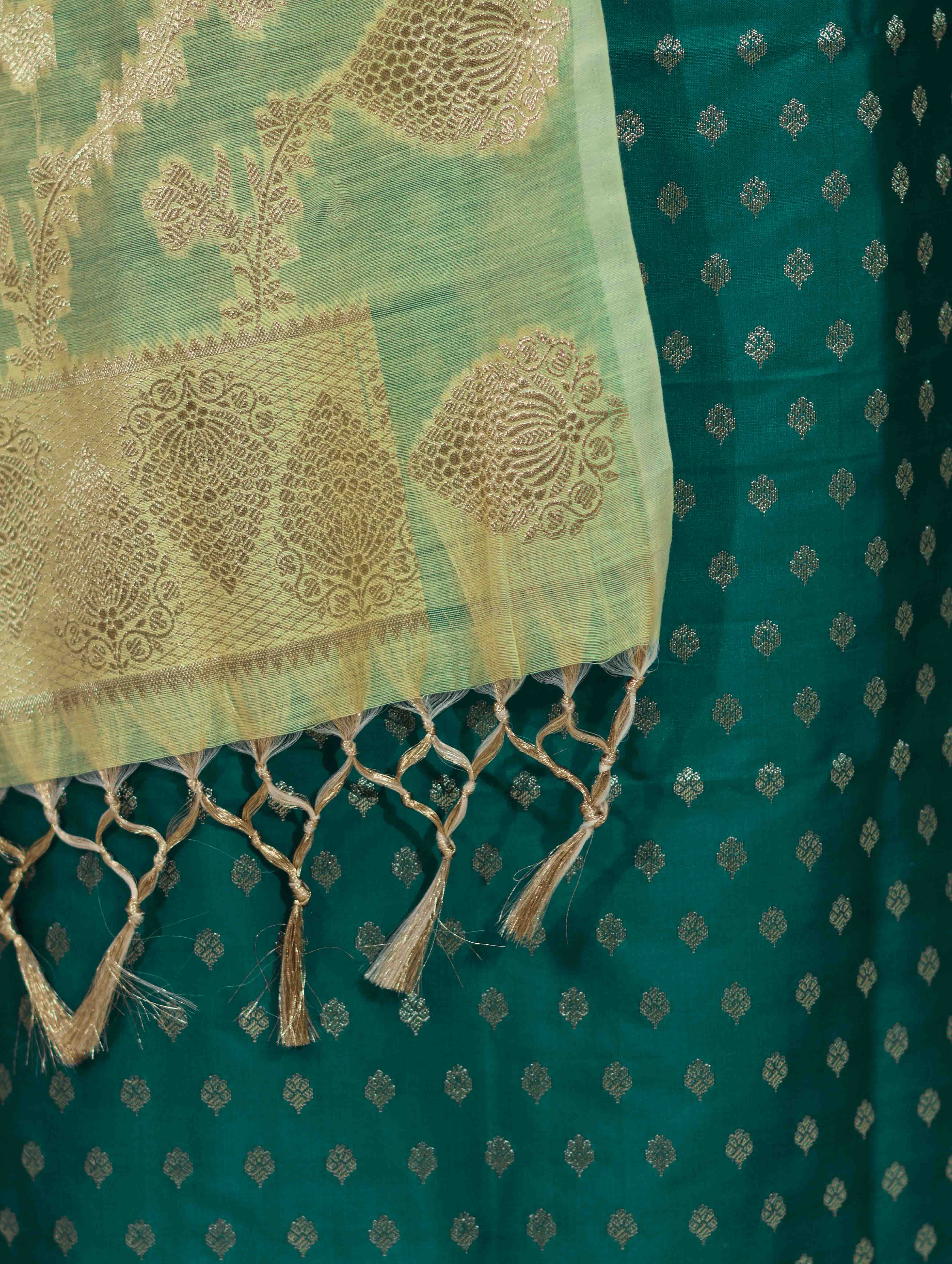 Banarasee Cotton Silk Zari Buti Salwar Kameez Fabric With Contrast Dupatta Set-Teal Green & Light Yellow