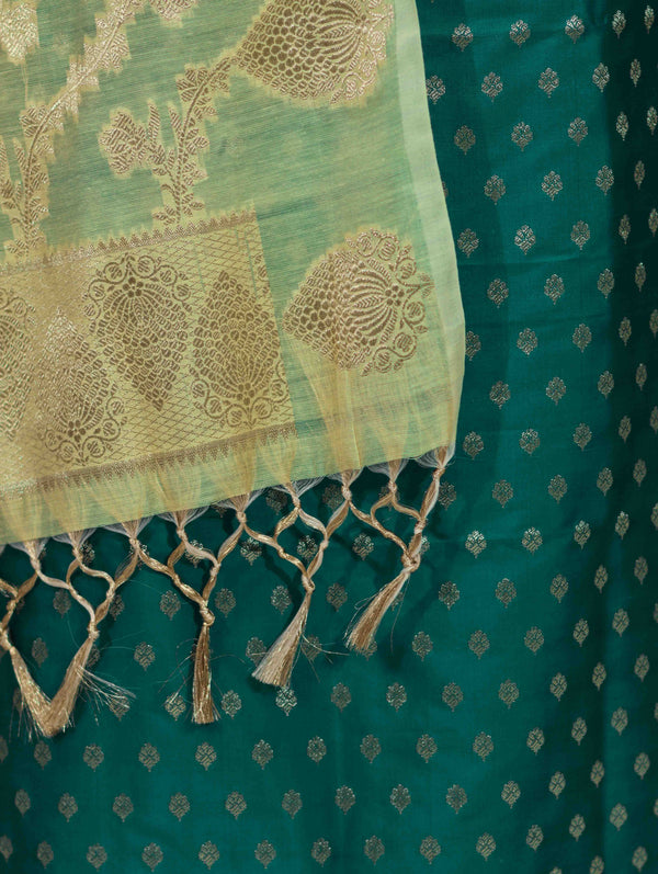 Banarasee Cotton Silk Zari Buti Salwar Kameez Fabric With Contrast Dupatta Set-Teal Green & Light Yellow